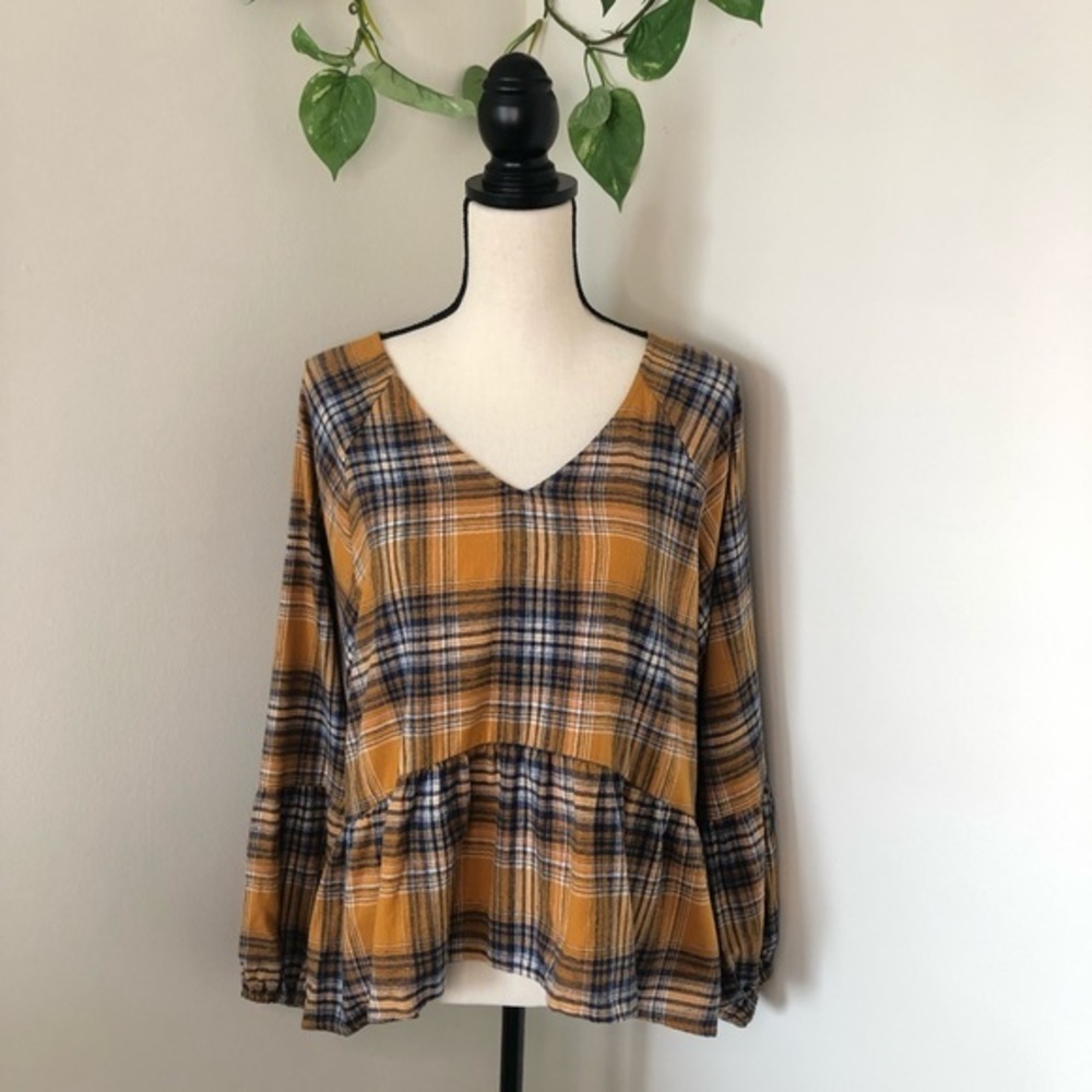 Luq Balloon Sleeve Peplum Plaid Blouse